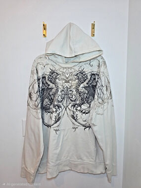 Affliction Hoodie Mens Large Gray Y2K Grunge Studded Eagle Cyber AOP Heavy